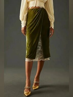 Anthropologie Green Crushed Velvet Lace Lined Maxi Skirt - XL NEW Boho Fairy
